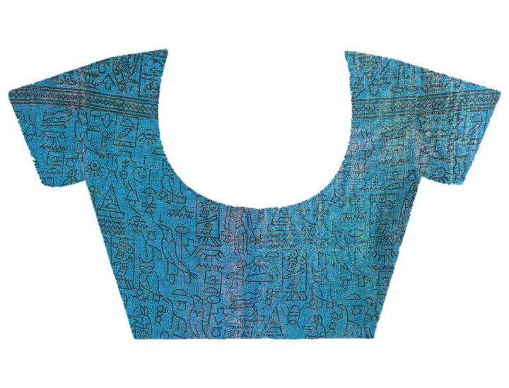 CERULEAN BLUE COTTON LINEN SAREE WITH BLACK WARLI ART