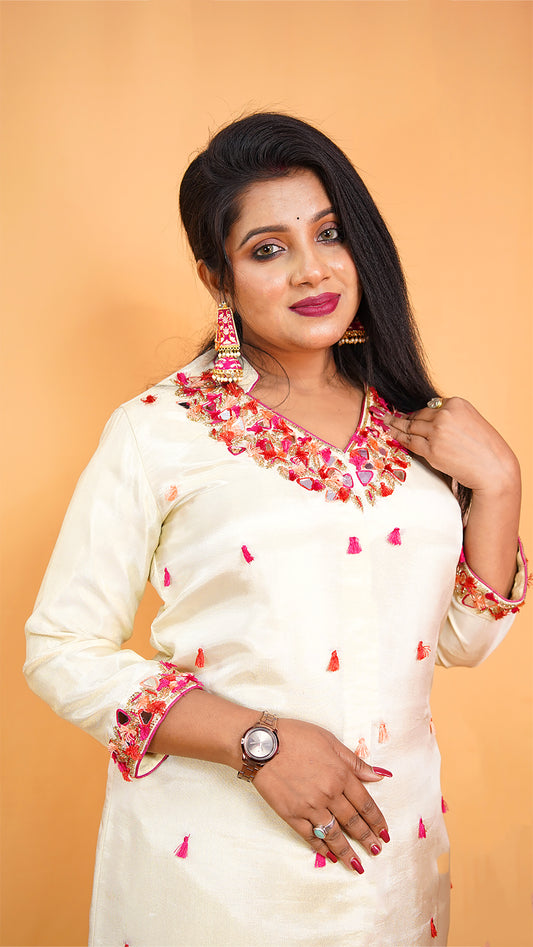 PARTY WEAR CO-ORD SET WITH MIRROR AND THREAD DETAILING ALL OVER AND DUAL SHADED PANT IN TISSUE FABRIC