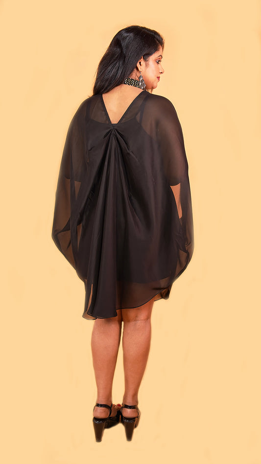 BLACK ORGANZA KAFTAN DRESS WITH KATDANA AND SEQUINS EMBROIDERY DETAILING ON COLLAR AND PLACKET