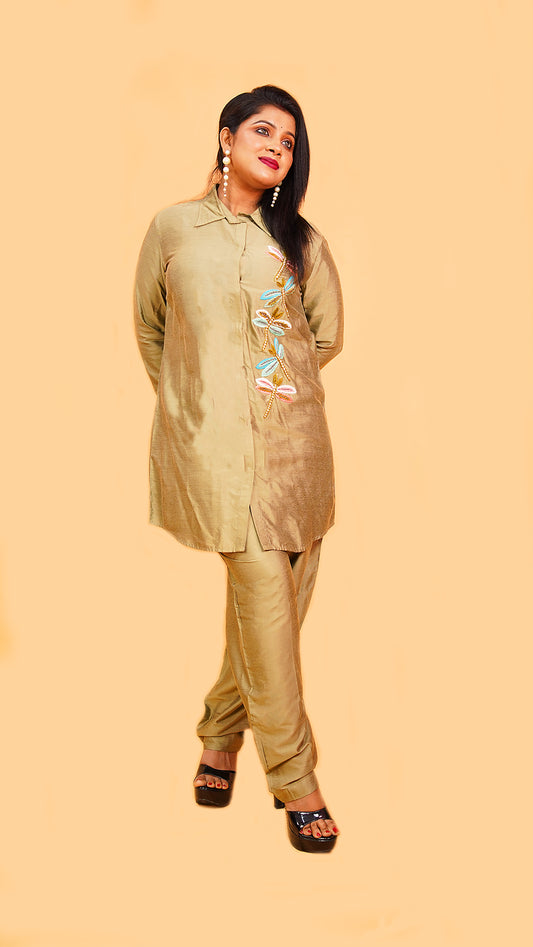 BEIGE CO-ORD SET WITH MINIMALIST EMBROIDERY IN SILK MATERIAL