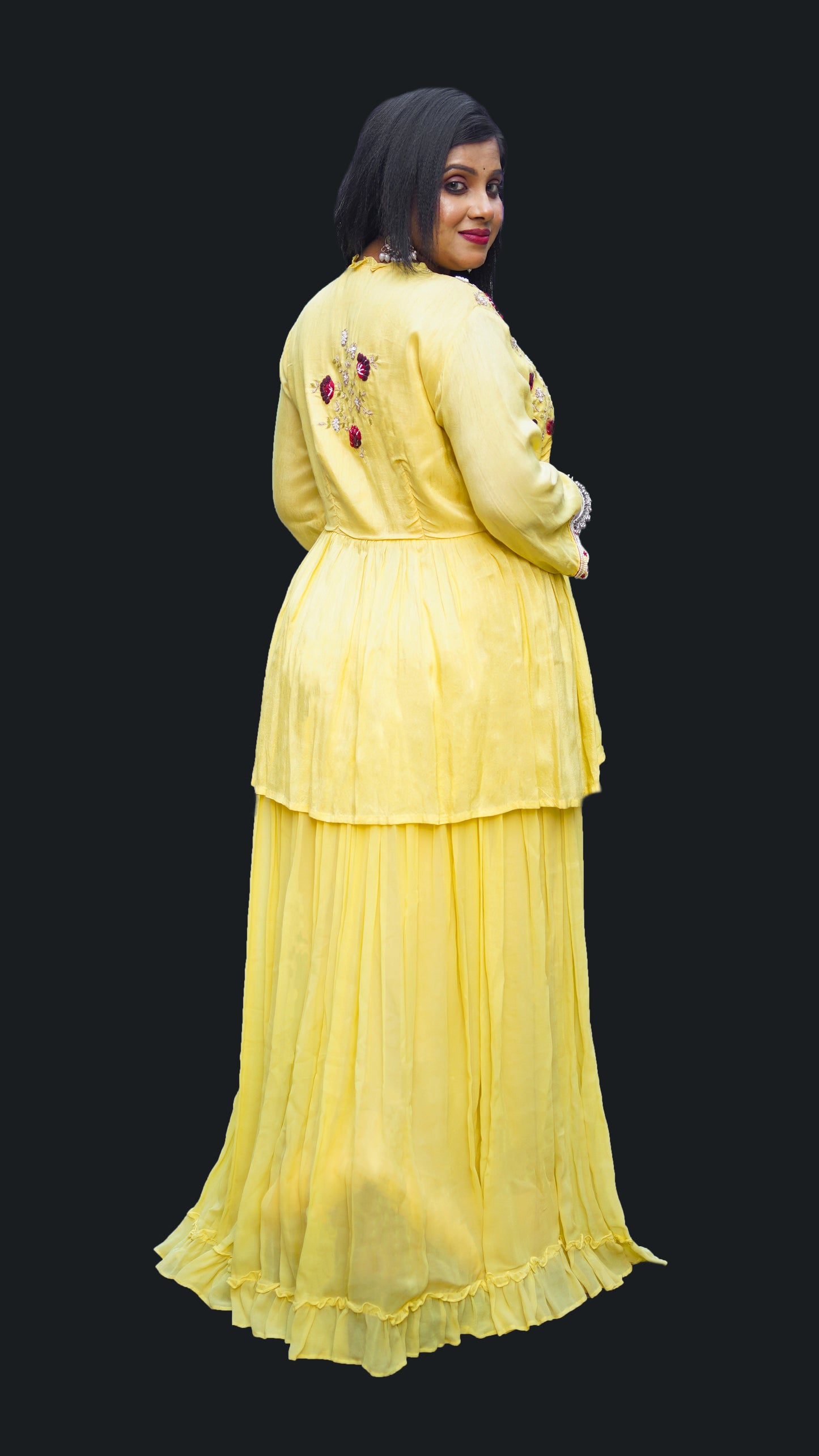LEHENGA WITH PEPLUM BLOUSE IN YELLOW SHADE WITH THREAD WORK N ZARDOZI EMBELLISHMENT IN YELLOW COLOUR IN SILK FABRIC