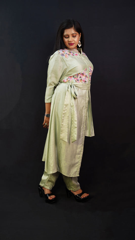 ONE SIDE PLAIN AND ONE SIDE PLEATED CO-ORD SET IN MINT GREEN WITH THREAD WORK DETAILING
