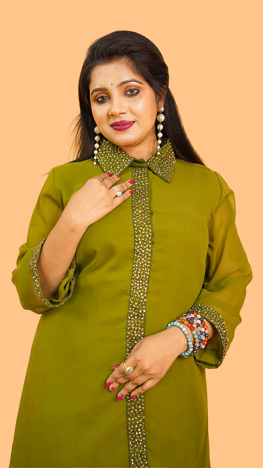 CHARTREUSE GREEN LAYERED DRESS IN HIGH LOW N MINIMALIST DETAILING ON PLACKET AND COLLAR