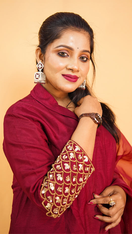 MAROON KURTA SET IN SILK WITH EMBROIDERY ON SLEEVE PANT AND DUPATTA