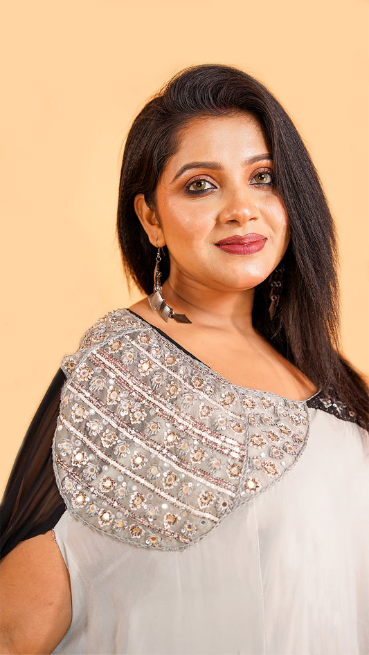 DUAL COLOUR KAFTAN DRESS IN HIGH LOW WITH MINIMALIST DETAILING ON SHOULDER WITH INNER HIP COVERING