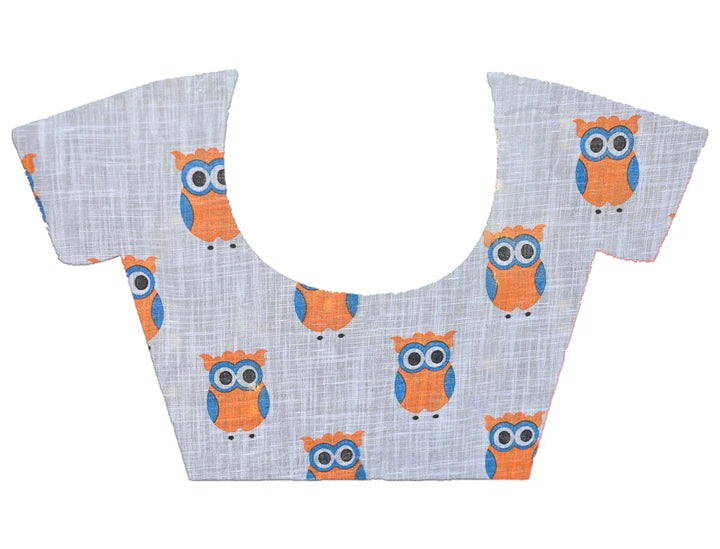 HANDLOOM LINEN SAREE IN OFFWHITE COLOR WITH ORANGE OWL BLOCK PRINTS ALL OVER BODY