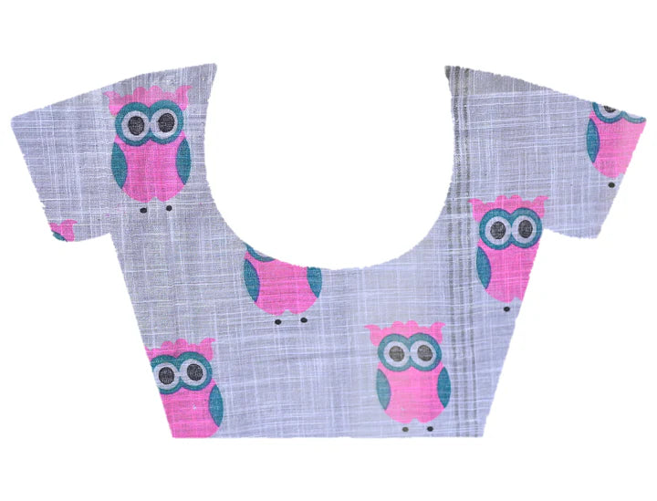 HANDLOOM LINEN SAREE IN OFFWHITE COLOR WITH PINK OWL BLOCK PRINTS ALL OVER BODY