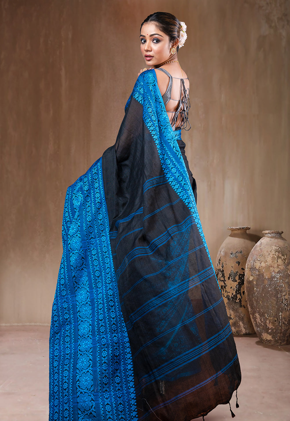 BLACK AND ROYAL BLUE HANDWOVEN BEGAMPURI SAREE