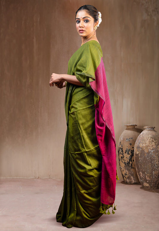 OLIVE GREEN AND MAGENTA HANDLOOM COTTON SAREE WITH TASSEL PALLU
