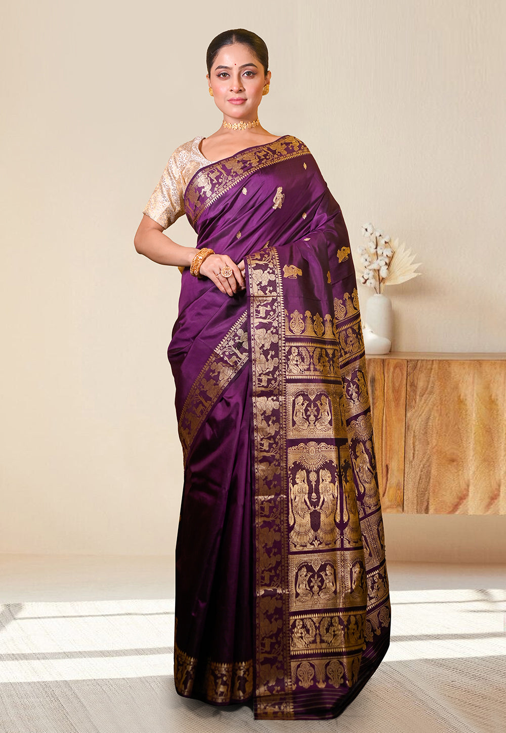 PURE HANDWOVEN BALUCHARI SILK SAREE IN VIOLET COLOR WITH TRADITIONAL RESHAM WEAVING