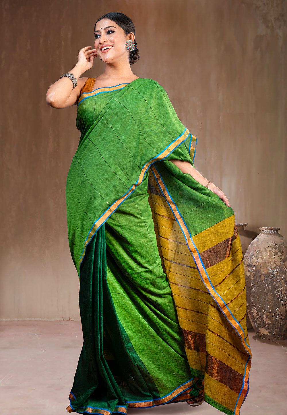 GREEN AND YELLOW HANDLOOM COTTON SAREE WITH GOLDEN ZARI BORDER AND PALLU
