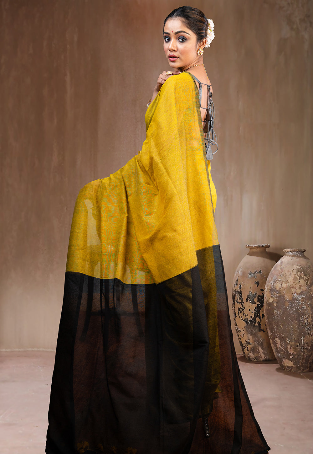 YELLOW AND BLACK HANDLOOM COTTON SAREE WITH TASSEL PALLU
