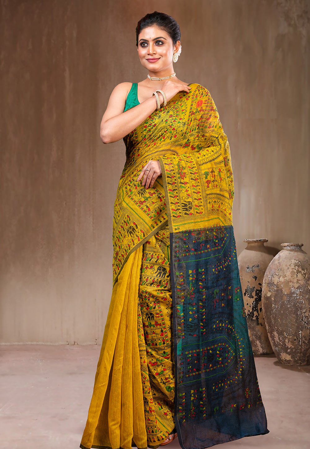 YELLOW AND GREY BLENDED COTTON SAREE WITH WARLI MOTIFS
