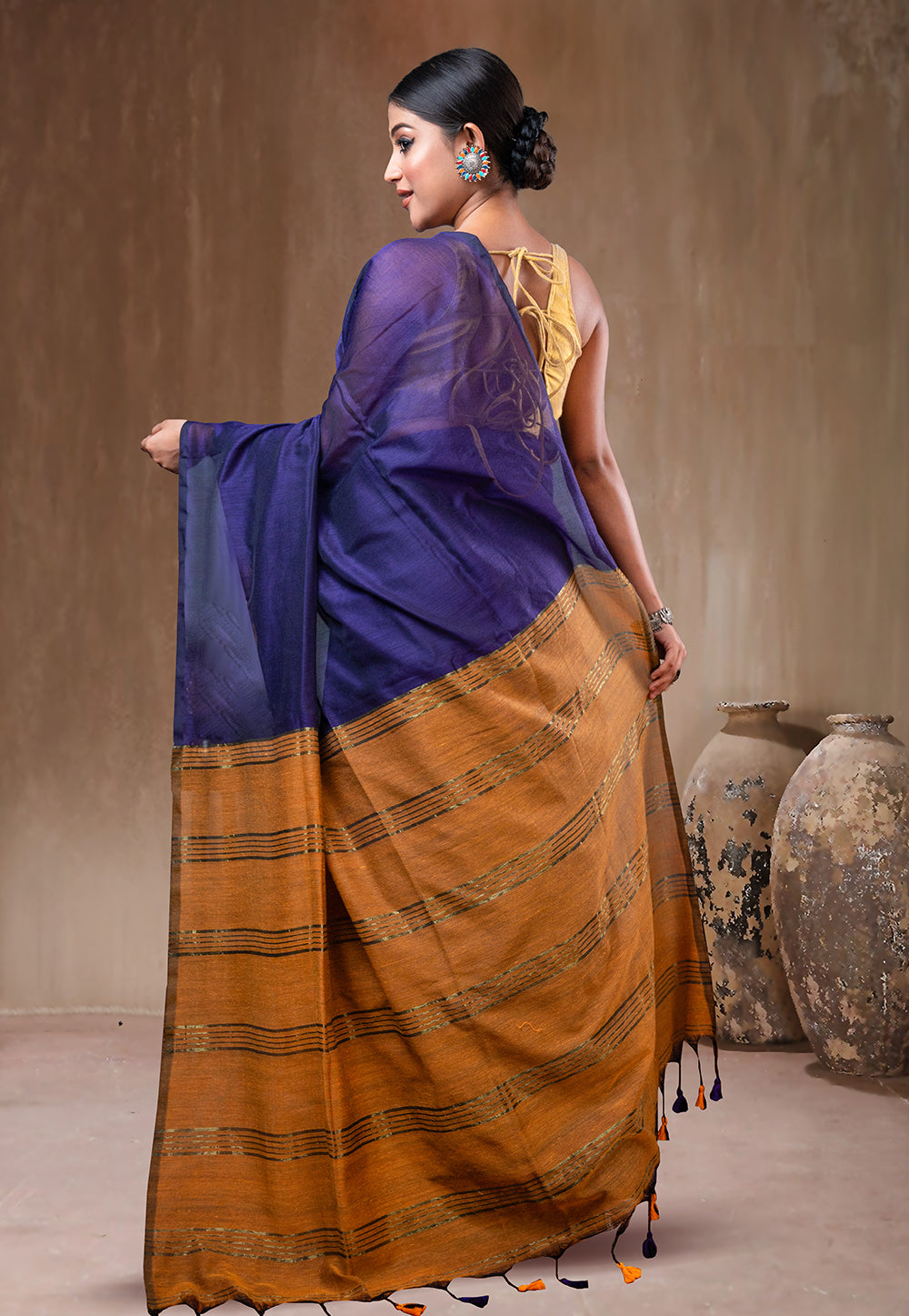 INK BLUE AND YELLOW HANDLOOM COTTON SAREE WITH GOLDEN ZARI BORDER AND PALLU WITH TASSEL PALLU