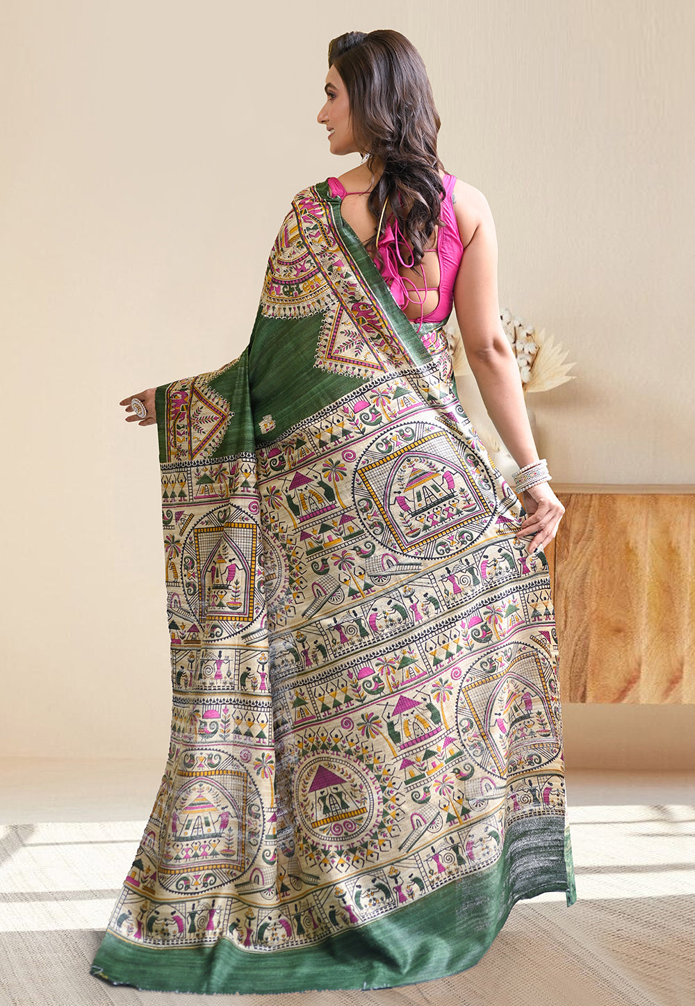 PURE BISHNUPURI GHICHA TUSSAR SILK IN FOREST GREEN COLOR INTRICATE MADHUBANI HAND PAINTED DESIGN