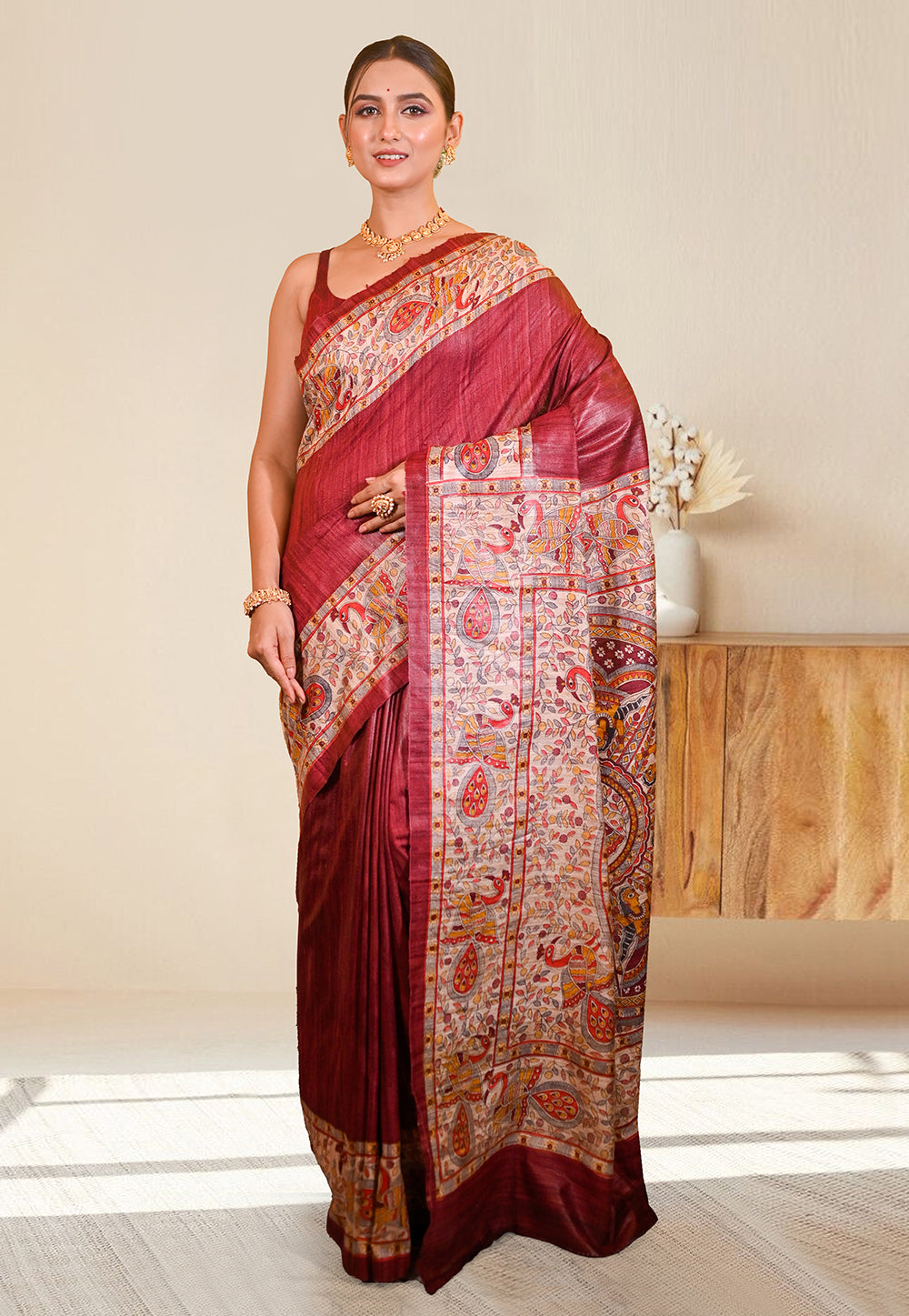 PURE BISHNUPURI GHICHA TUSSAR SILK IN MAROON COLOR INTRICATE MADHUBANI HAND PAINTED DESIGN