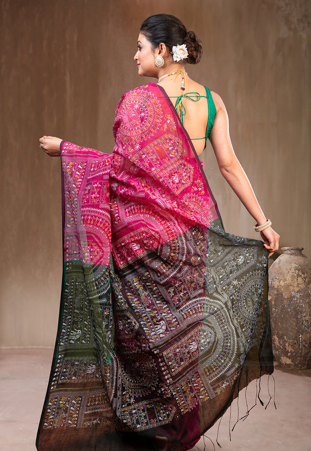 PINK AND BLACK BLENDED COTTON SAREE WITH WARLI MOTIFS