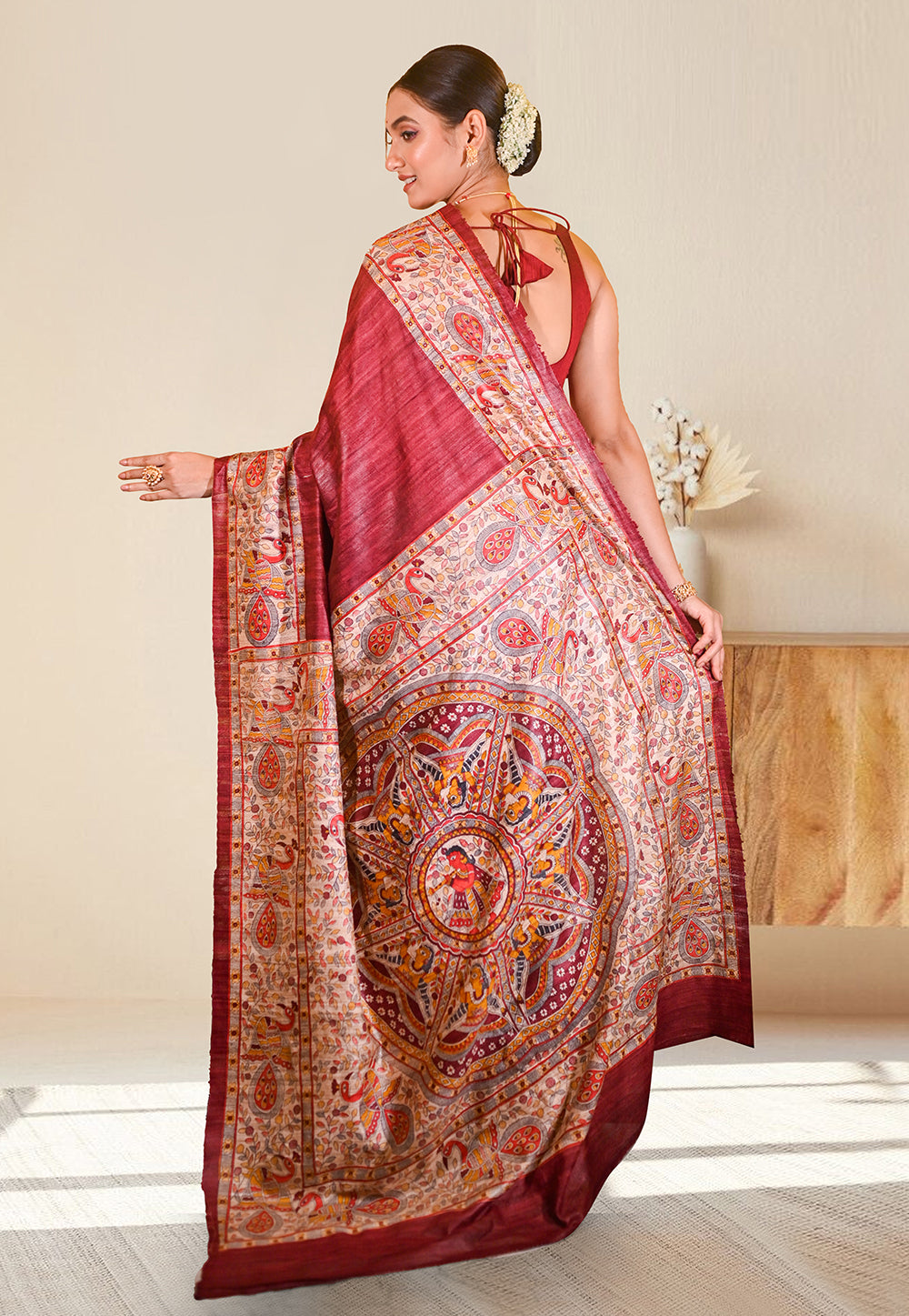 PURE BISHNUPURI GHICHA TUSSAR SILK IN MAROON COLOR INTRICATE MADHUBANI HAND PAINTED DESIGN
