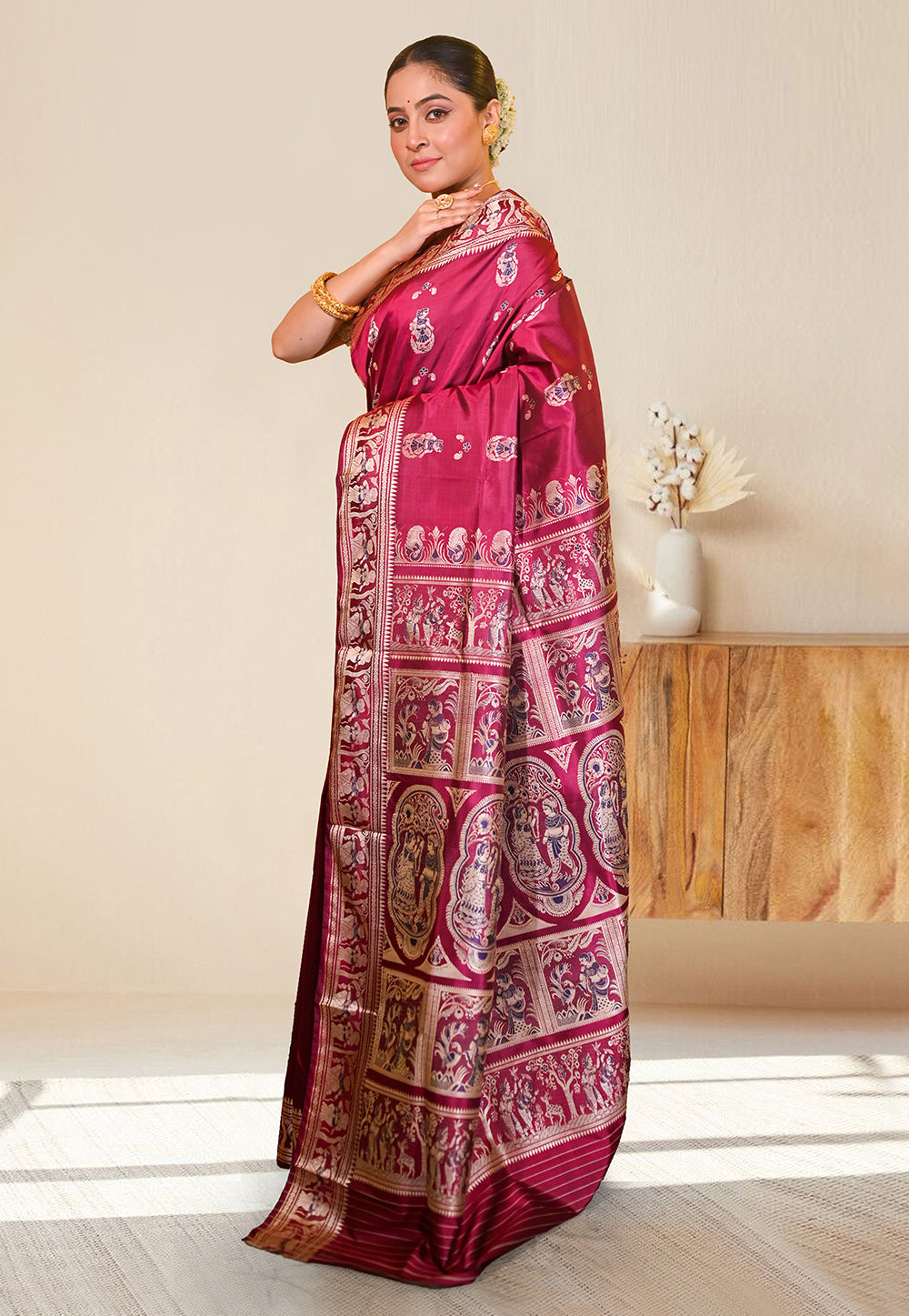 PURE HANDWOVEN BALUCHARI SILK SAREE IN MAGENTA COLOR WITH DUAL-COLOR MINAKARI RESHAM WEAVING