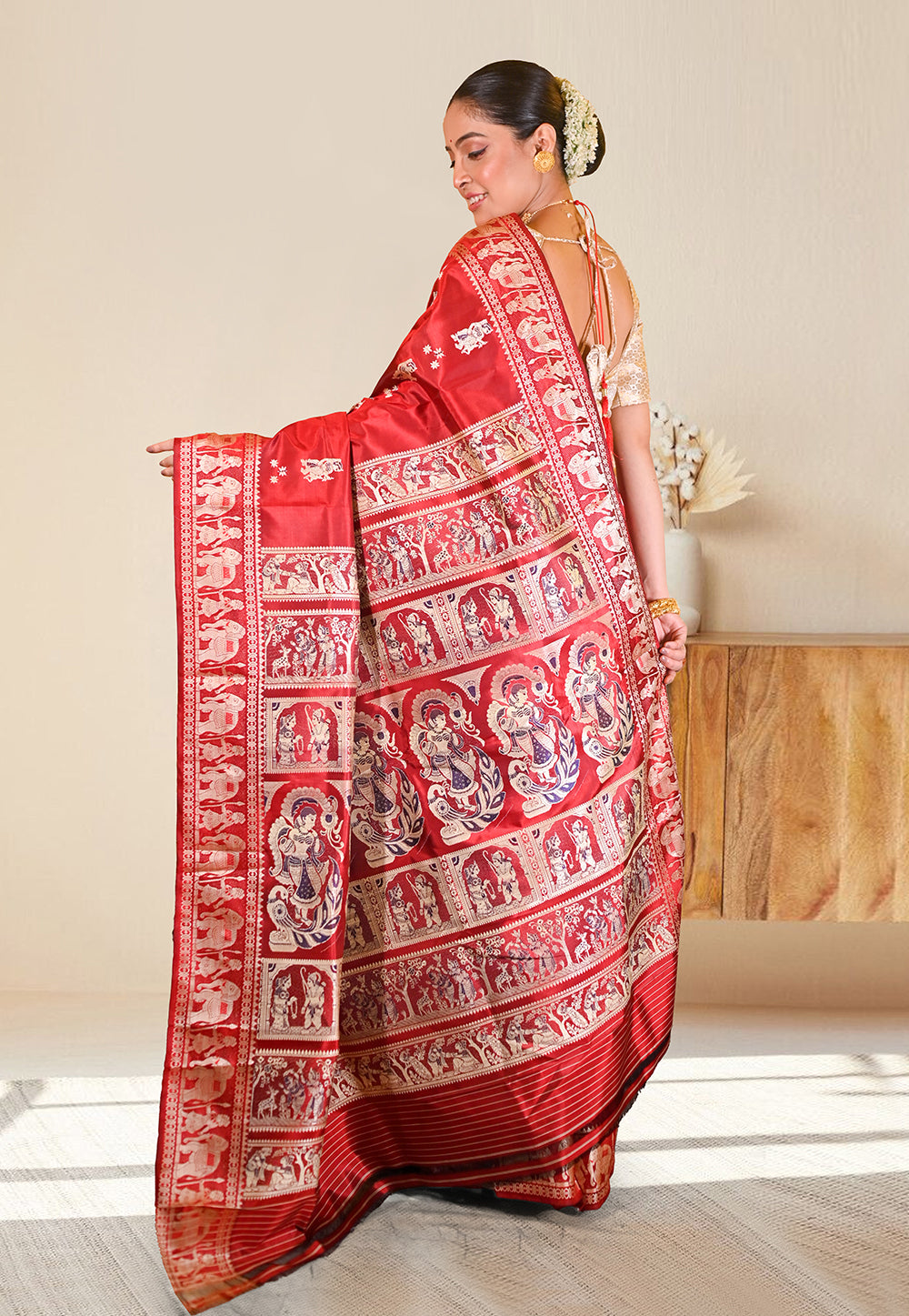 PURE HANDWOVEN BALUCHARI SILK SAREE IN RED COLOR WITH DUAL-COLOR MINAKARI RESHAM WEAVING