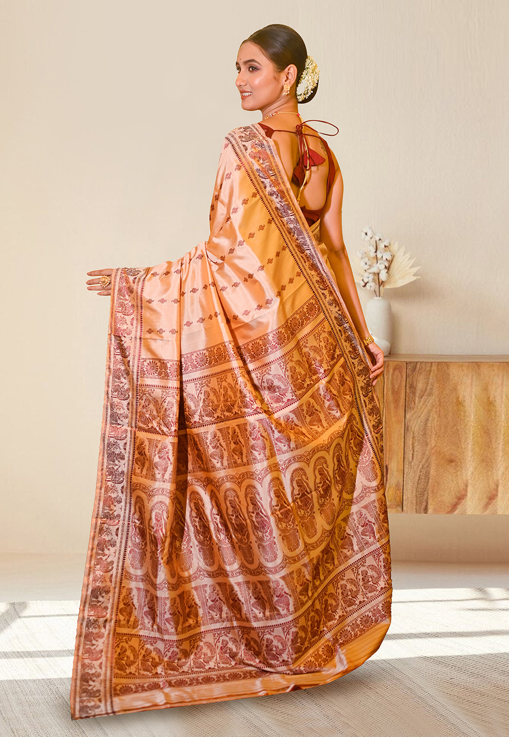 PURE HANDWOVEN BALUCHARI SILK SAREE IN BEIGE COLOR WITH TRADITIONAL RESHAM WEAVING