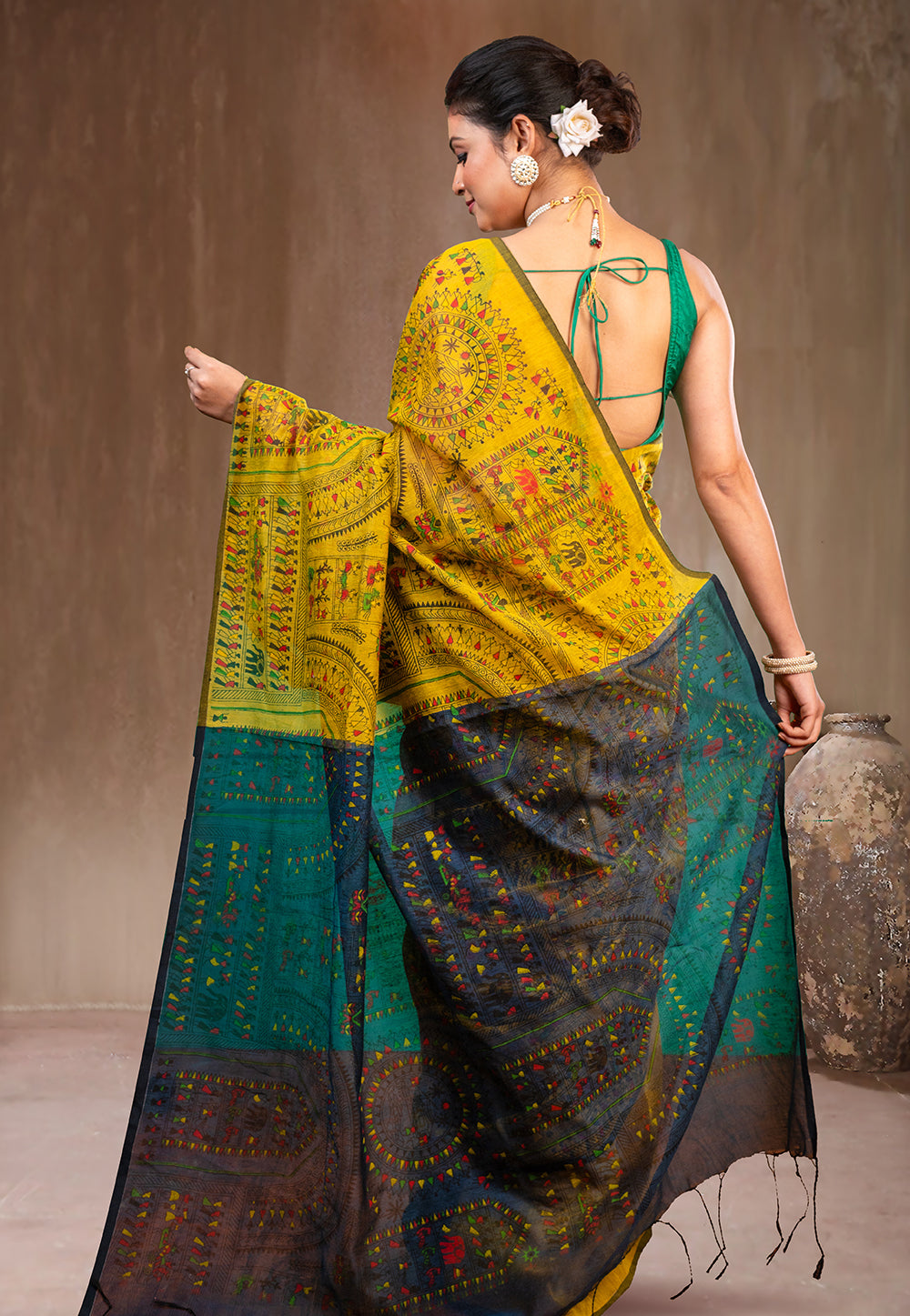 YELLOW AND GREY BLENDED COTTON SAREE WITH WARLI MOTIFS