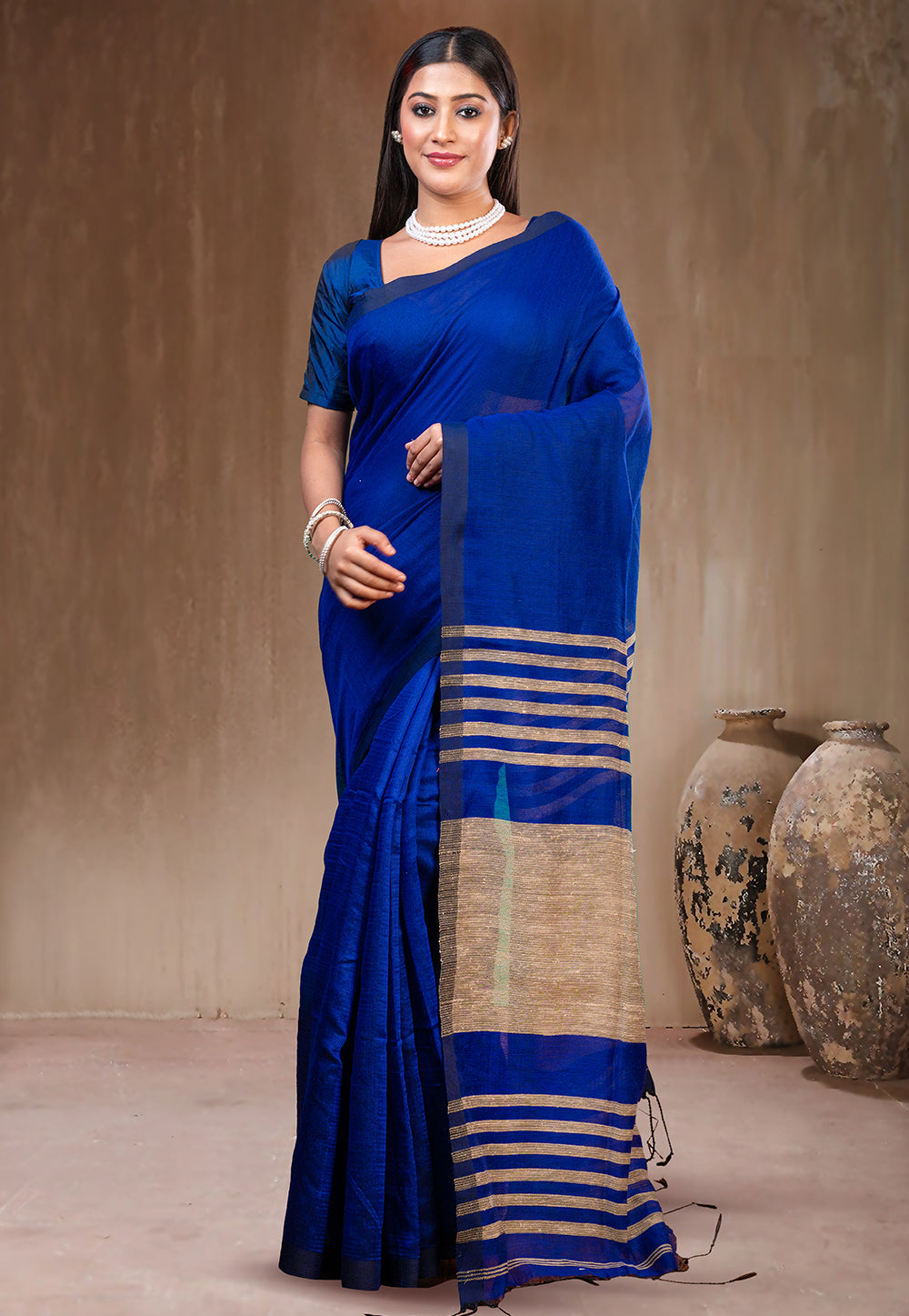 BLUE HANDLOOM COTTON SAREE WITH GHEECHA PALLU