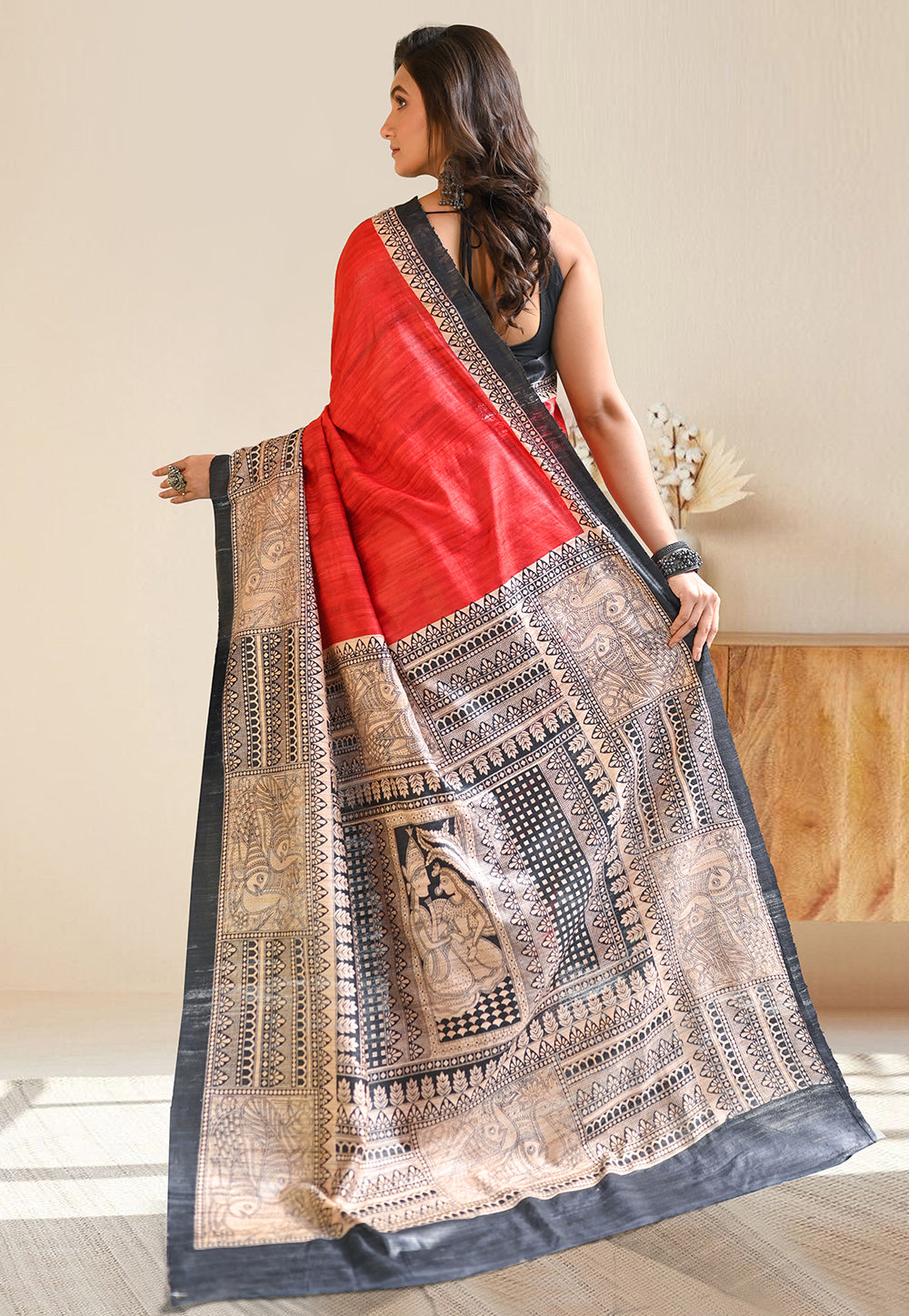 PURE BISHNUPURI GHICHA TUSSAR SILK IN RED AND BLACK COLOR INTRICATE MADHUBANI HAND PAINTED DESIGN
