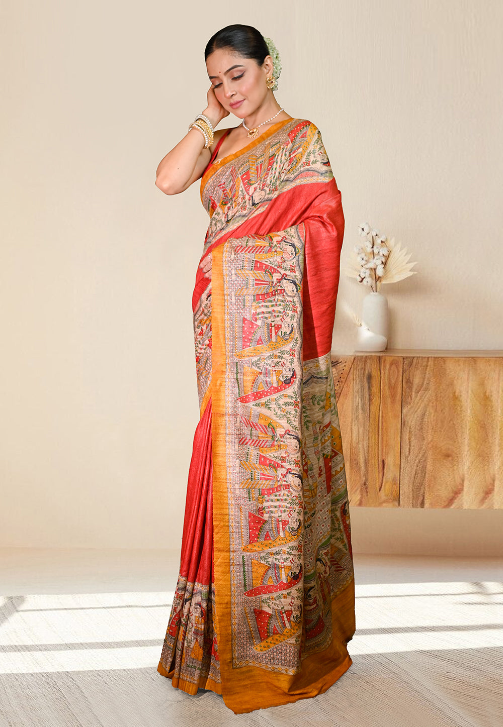 PURE BISHNUPURI GHICHA TUSSAR SILK IN RED COLOR INTRICATE MADHUBANI HAND PAINTED DESIGN