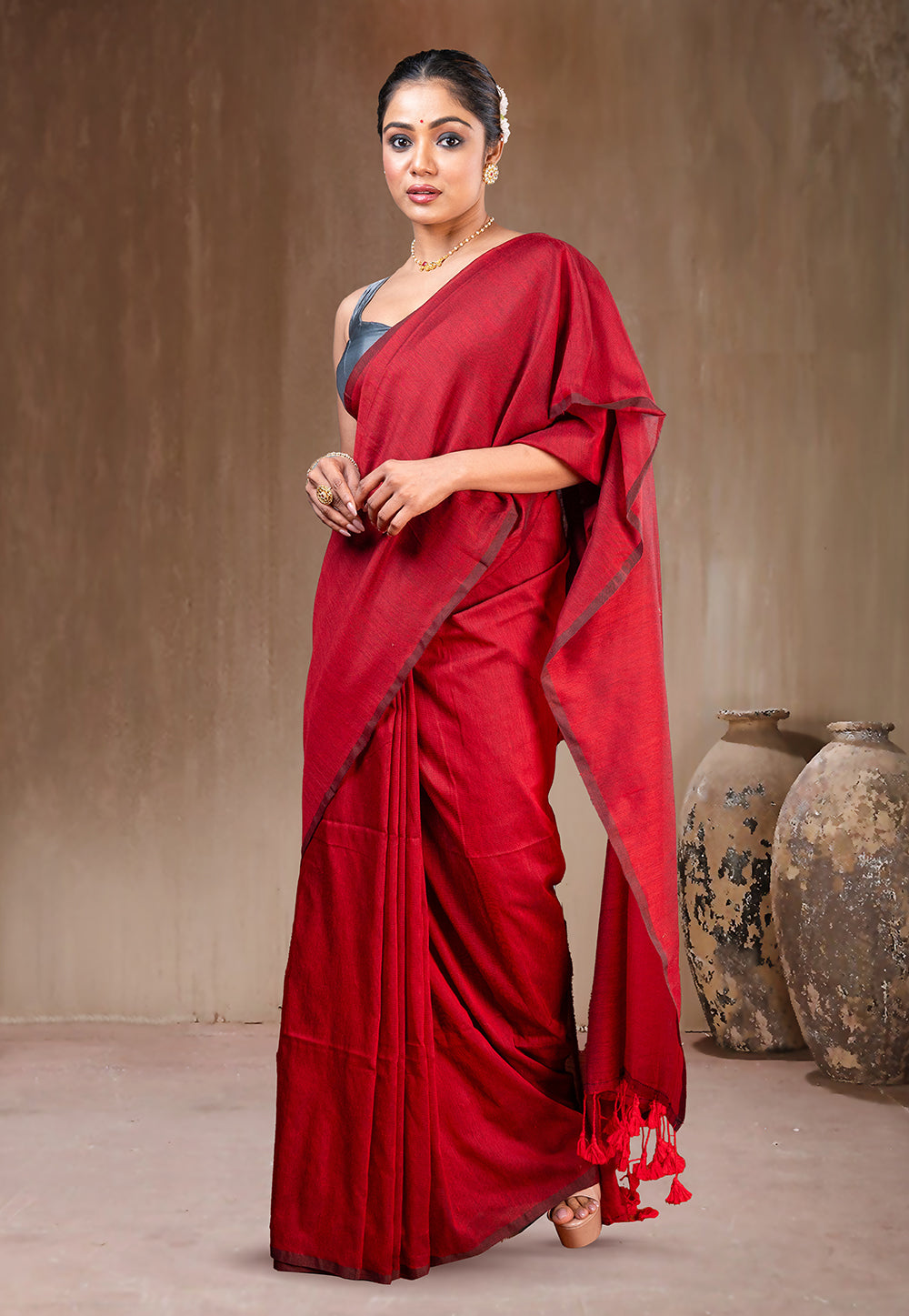 RED HANDLOOM COTTON SAREE WITH TASSEL PALLU