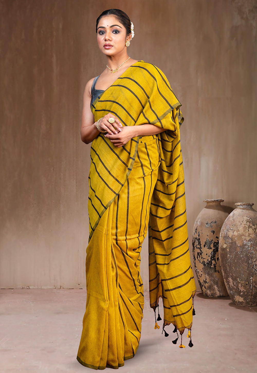 YELLOW HANDLOOM COTTON SAREE WITH BLACK STRIPE AND TASSEL PALLU