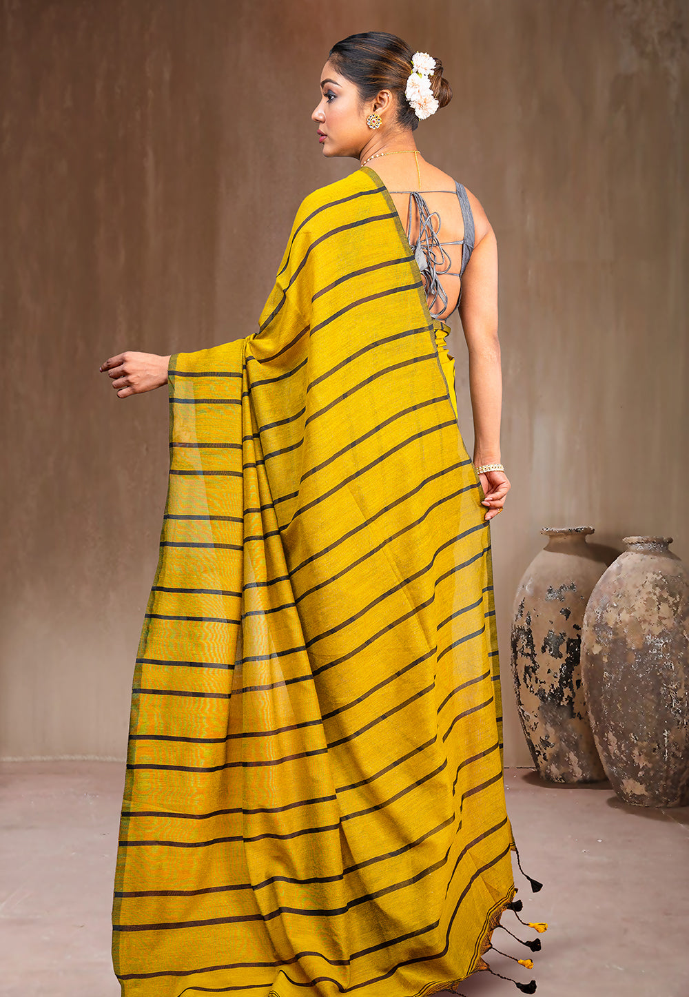 YELLOW HANDLOOM COTTON SAREE WITH BLACK STRIPE AND TASSEL PALLU