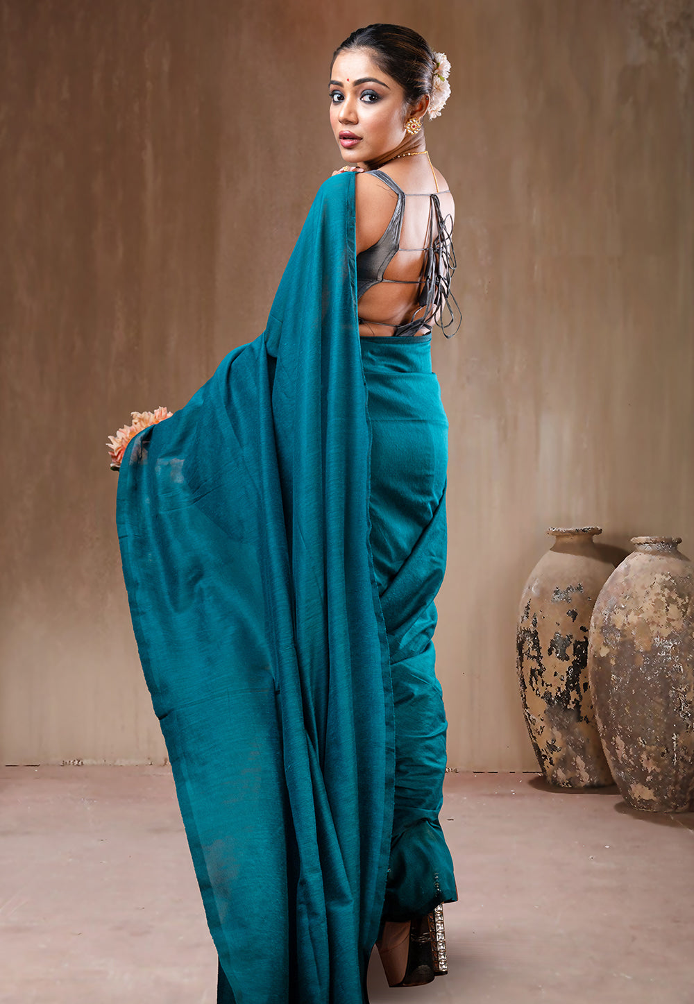 TEAL GREEN HANDLOOM COTTON SAREE WITH TASSEL PALLU