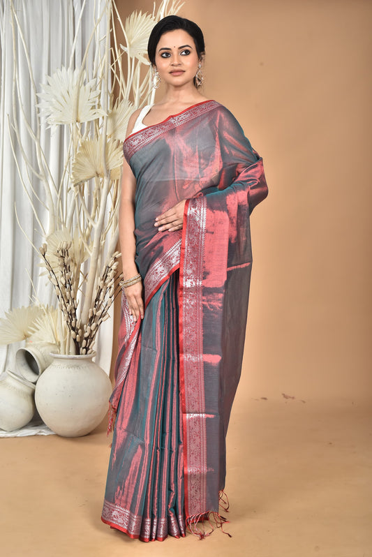 GREY AND RED TISSUE SILK SAREE WITH CONTRASTING SILVER ZARI BORDER