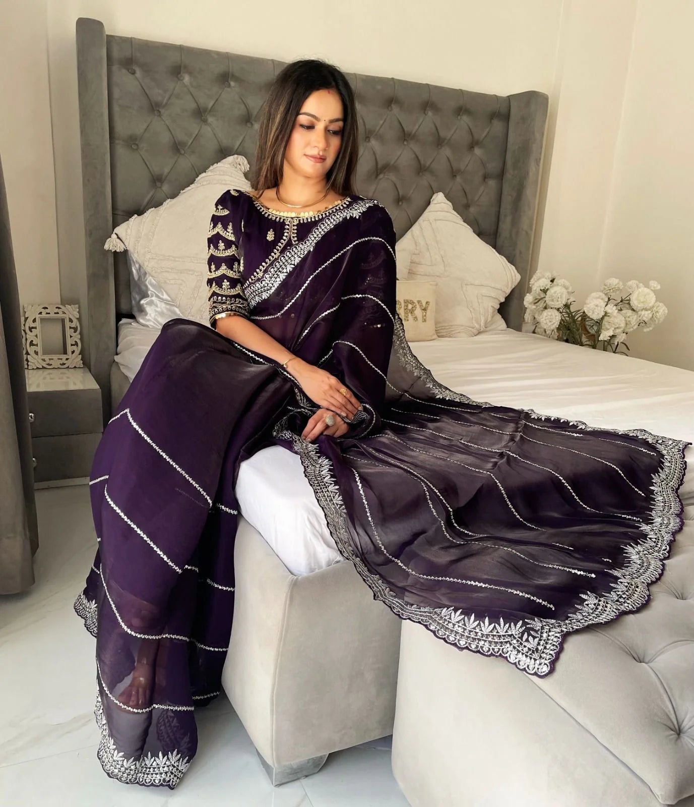 JIMMY CHOO SAREE IN PURPLE COLOR WITH SEQUIN EMBROIDERY Including Ready To Wear Blouse