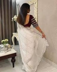 JIMMY CHOO SAREE IN OFFWHITE COLOR WITH SEQUIN EMBROIDERY Including Ready To Wear Blouse