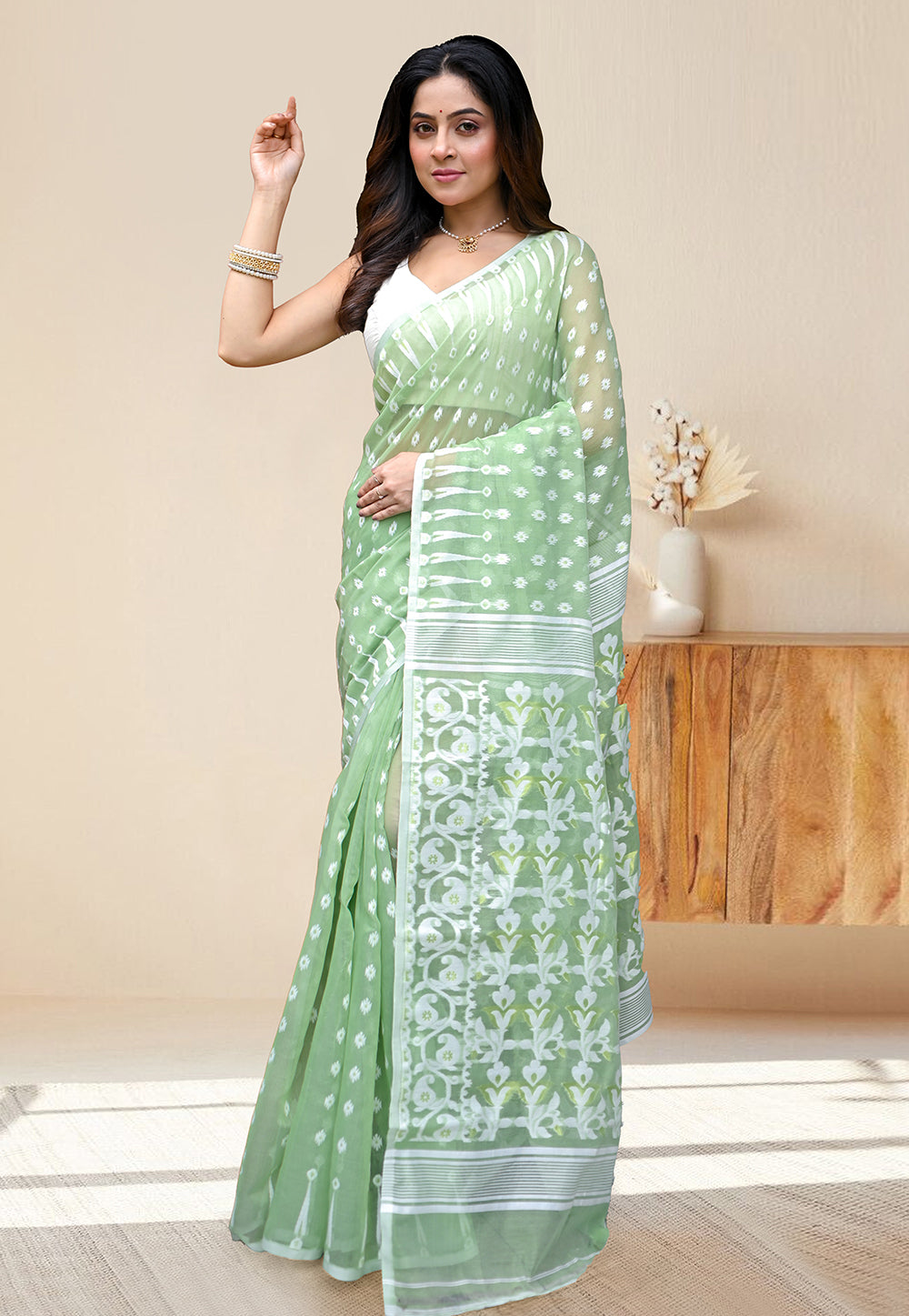 COTTON JAMDANI SAREE IN OLIVE GREEN COLORS WITH OFFWHITE WOVEN DESIGN