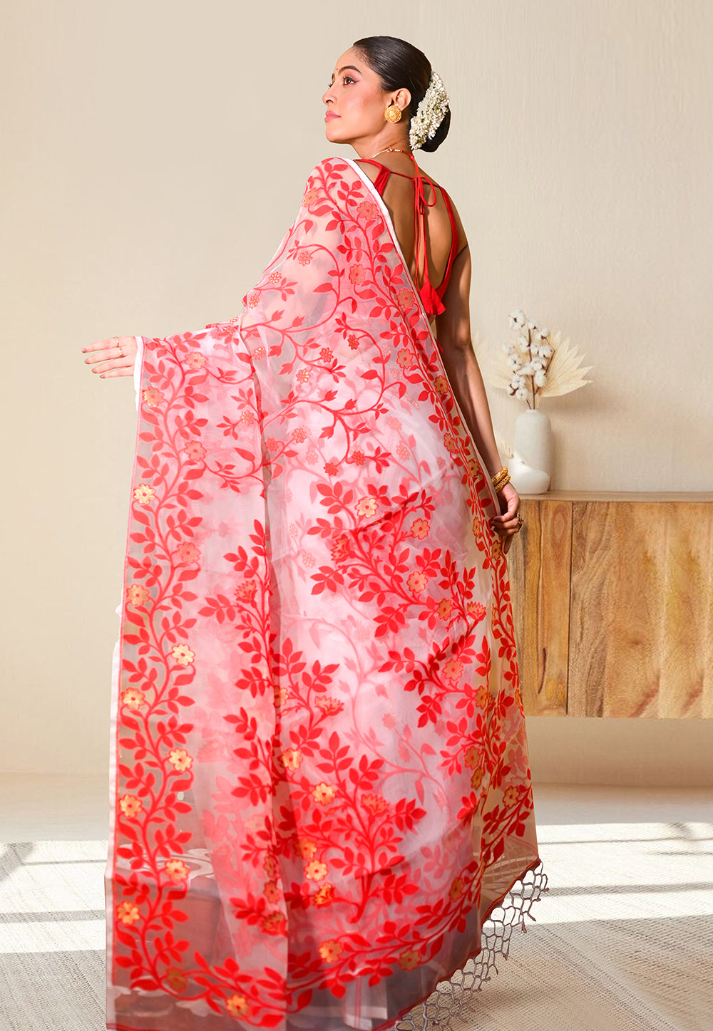 PURE HANDWOVEN MUSLIN SILK IN OFFWHITE COLOR WITH RED LEAF WOVEN MOTIFS AND GOLDEN FLOWER BUTIS