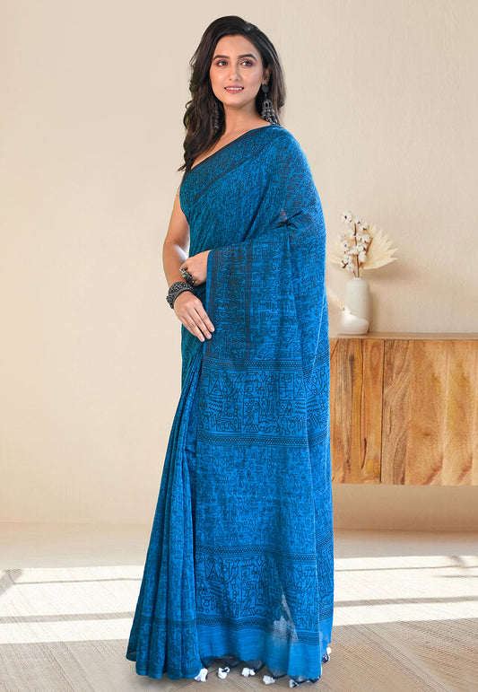 CERULEAN BLUE COTTON LINEN SAREE WITH BLACK WARLI ART