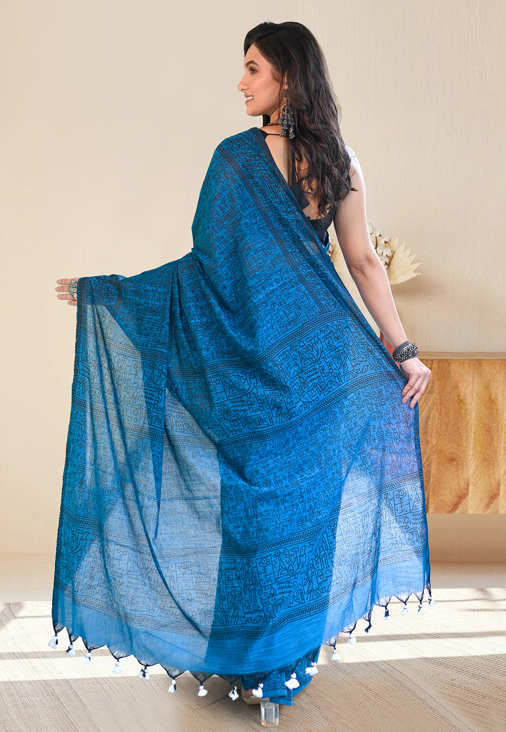 CERULEAN BLUE COTTON LINEN SAREE WITH BLACK WARLI ART