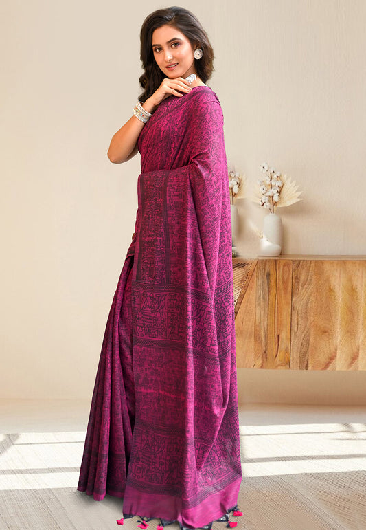 MAGENTA COTTON LINEN SAREE WITH BLACK WARLI ART