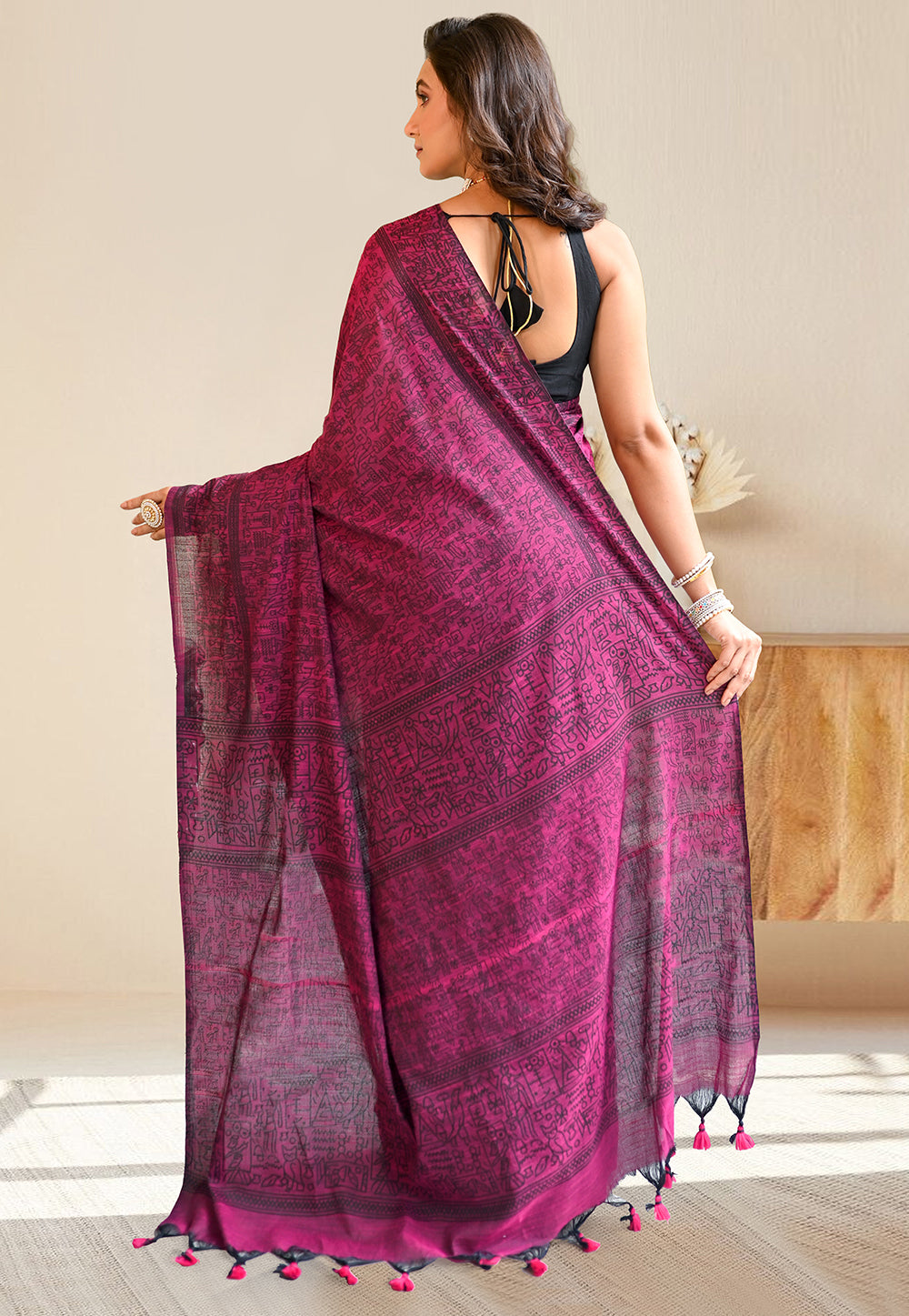 MAGENTA COTTON LINEN SAREE WITH BLACK WARLI ART