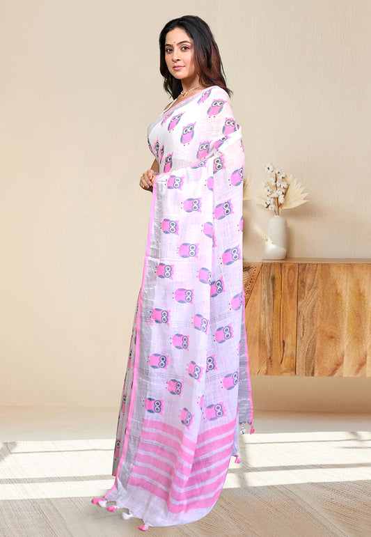 HANDLOOM LINEN SAREE IN OFFWHITE COLOR WITH PINK OWL BLOCK PRINTS ALL OVER BODY