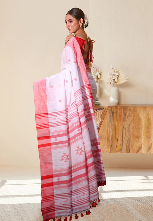 WHITE AND RED PURE HANDLOOM COTTON SAREE WITH RED BORDER AND STRIPE