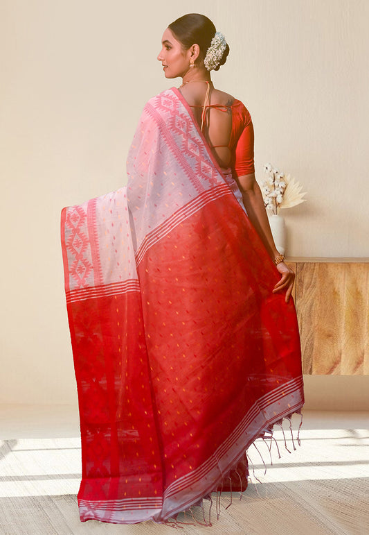 WHITE AND RED PURE HANDLOOM COTTON SAREE WITH HANDWOVEN GEOMETRIC RED BORDER AND PALLU