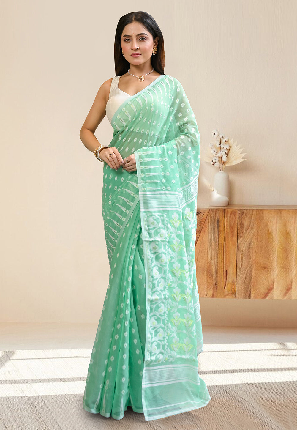 COTTON JAMDANI SAREE IN MINT GREEN COLORS WITH OFFWHITE WOVEN DESIGN