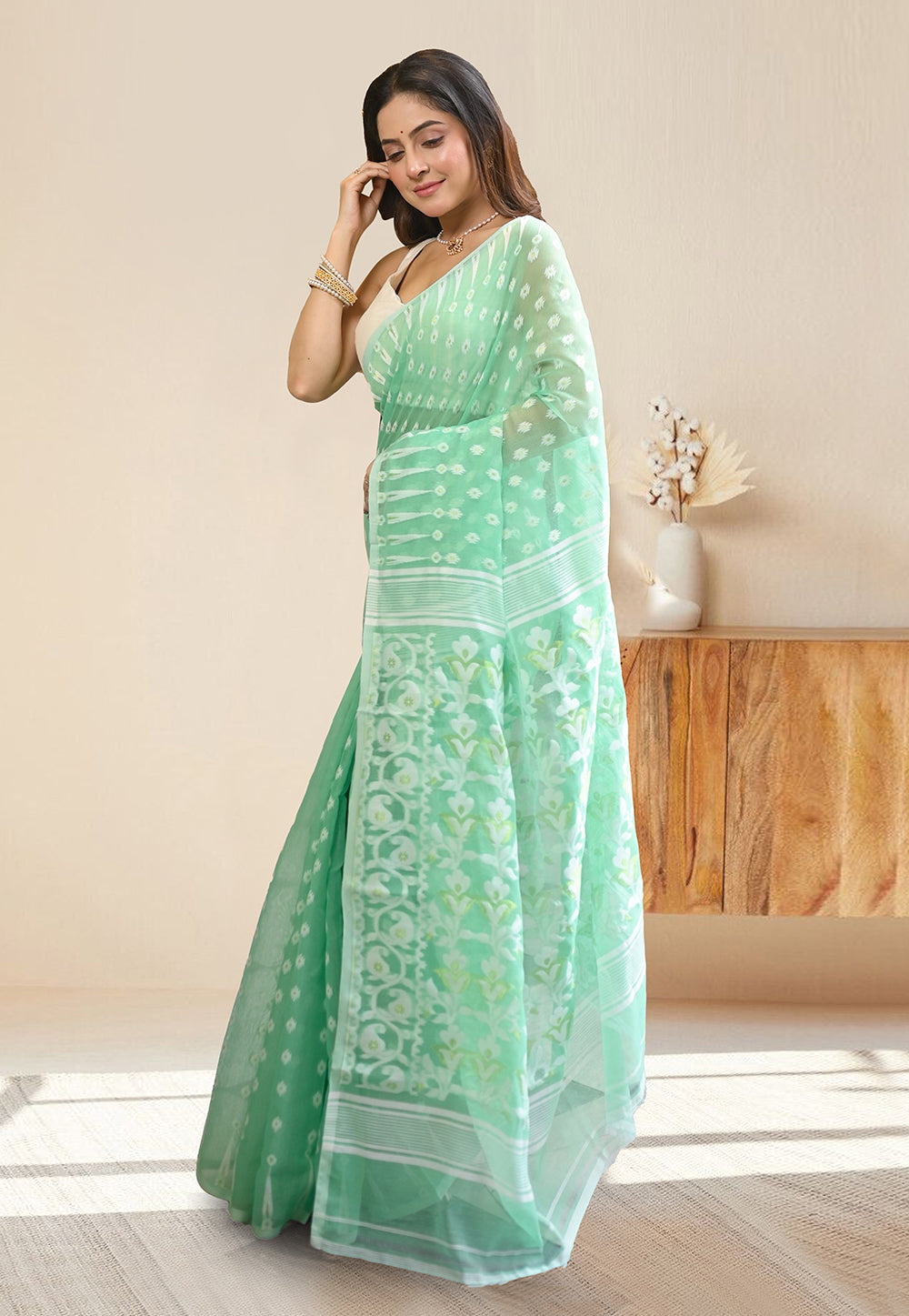 COTTON JAMDANI SAREE IN MINT GREEN COLORS WITH OFFWHITE WOVEN DESIGN