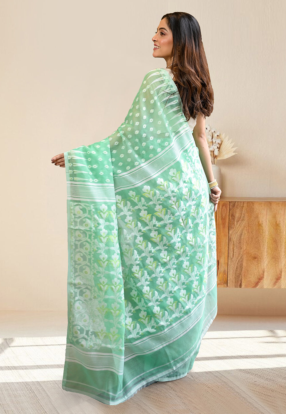 COTTON JAMDANI SAREE IN MINT GREEN COLORS WITH OFFWHITE WOVEN DESIGN