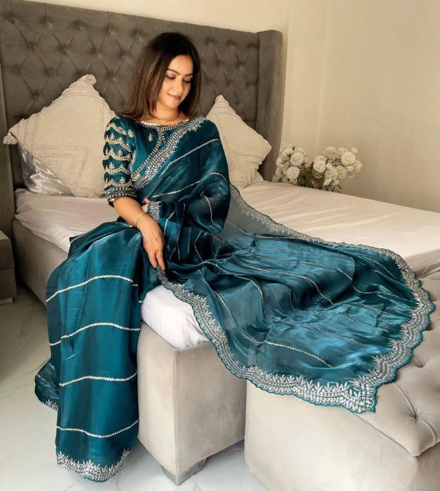 JIMMY CHOO SAREE IN BLUE COLOR WITH SEQUIN EMBROIDERY Including Ready To Wear Blouse