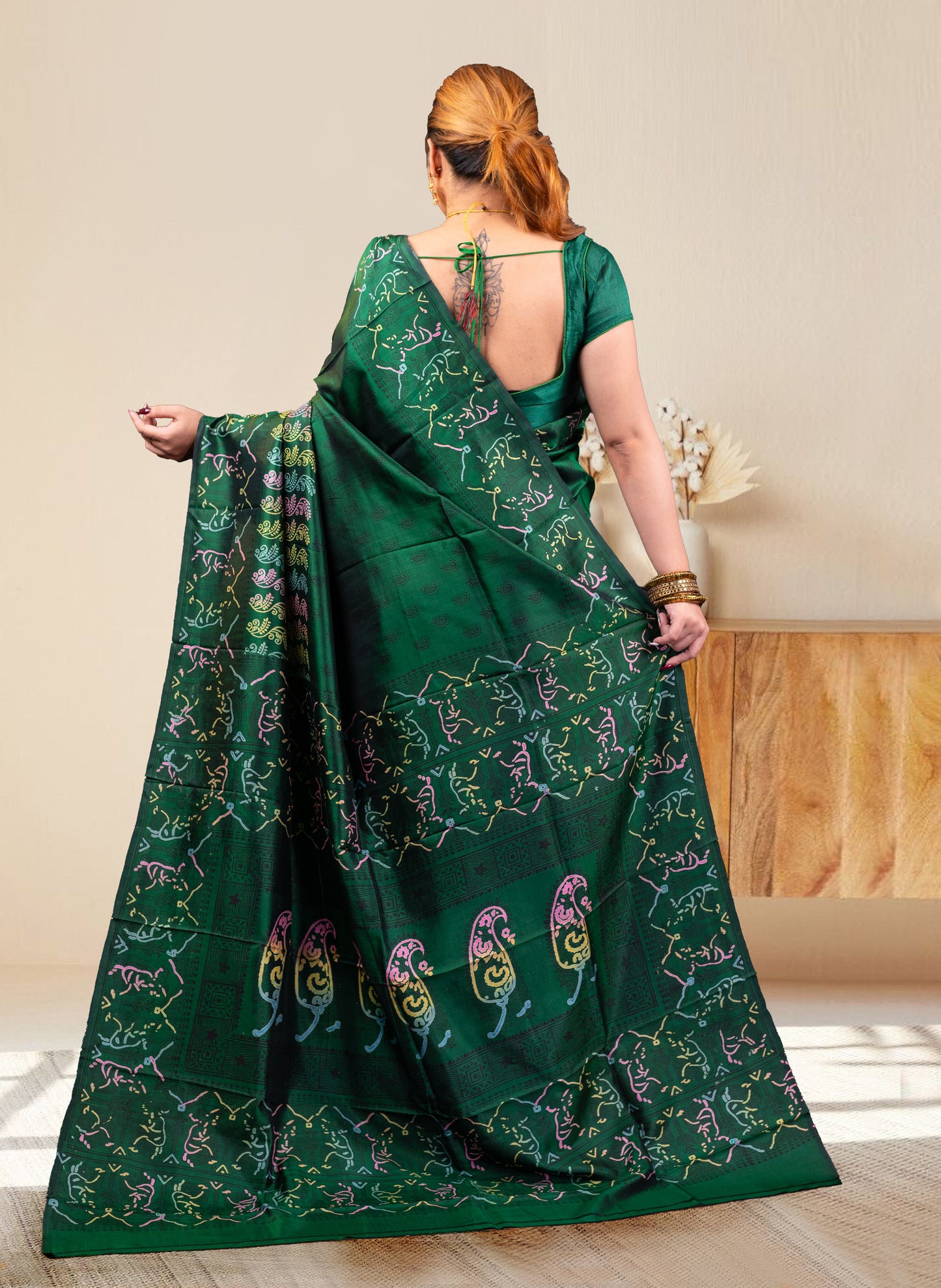 PURE BISHNUPUR KATAN SILK SAREE IN GREEN COLOR WITH MULTICOLOR HANDPAINTED DESIGN